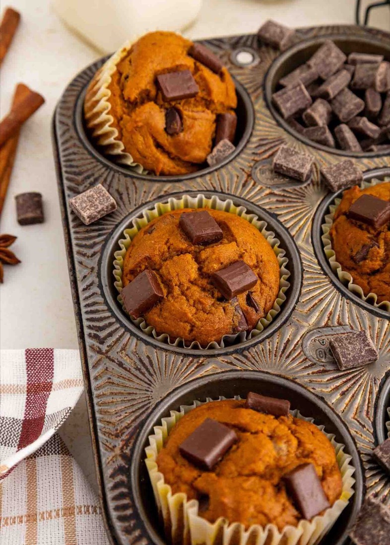 Pumpkin Chocolate Chunk Muffins (Soft & Moist)